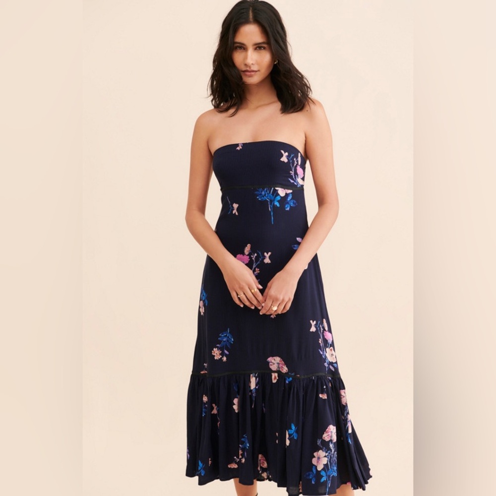 Free People Rosie Posie Midi Floral Strapless Dress Navy Blue Medium